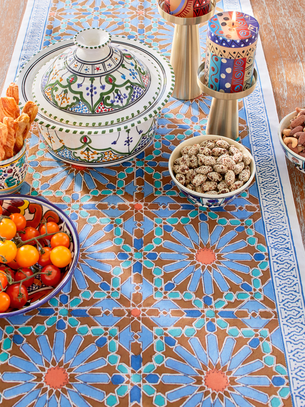 Moroccan tile, Table runner, Blue, Brown | Saffron Marigold