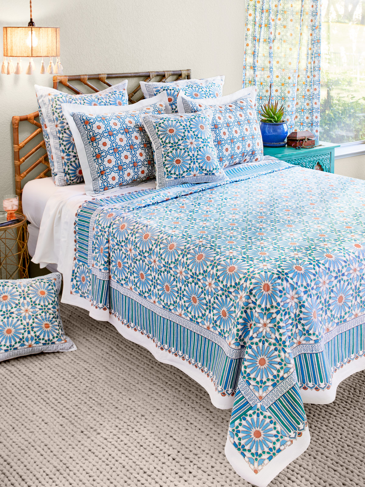 Mosaique Bleue - Sky ~ Moroccan Tile Print Blue Boho Bedspread
