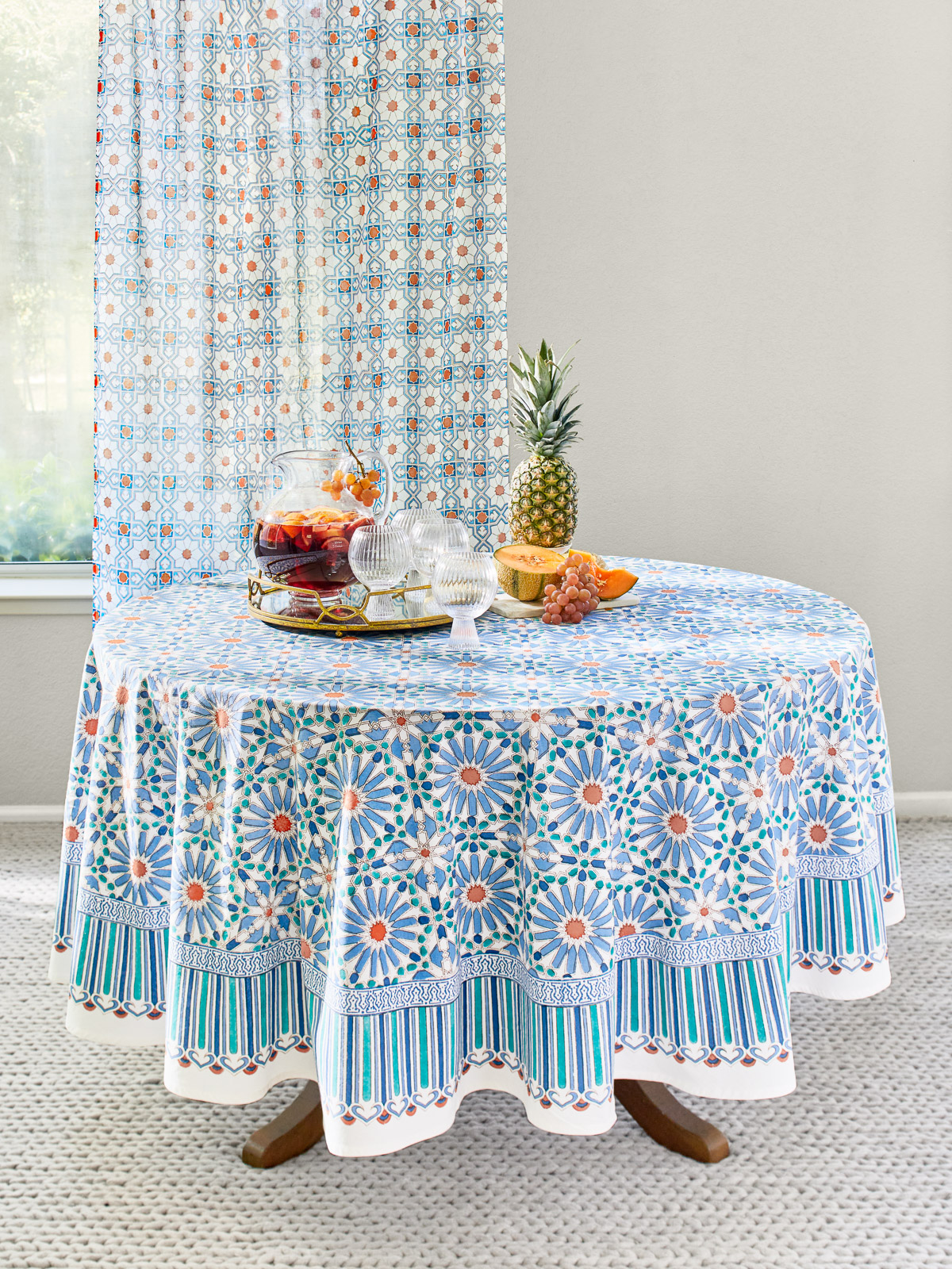 Mosaique Bleue - Sky ~ Modern Boho Print White, Blue Tablecloth