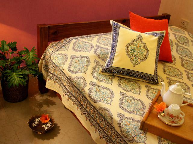 Saffron Marigold Morning Dew ~ Stylish Elegant Yellow Blue French Queen Bedspread 90x90