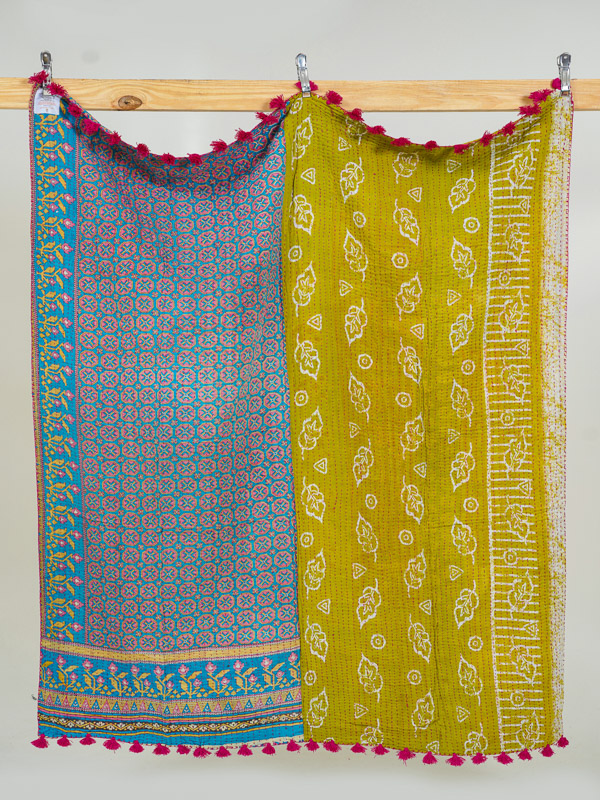 Turquoise Citron Bazaar Kantha Throw