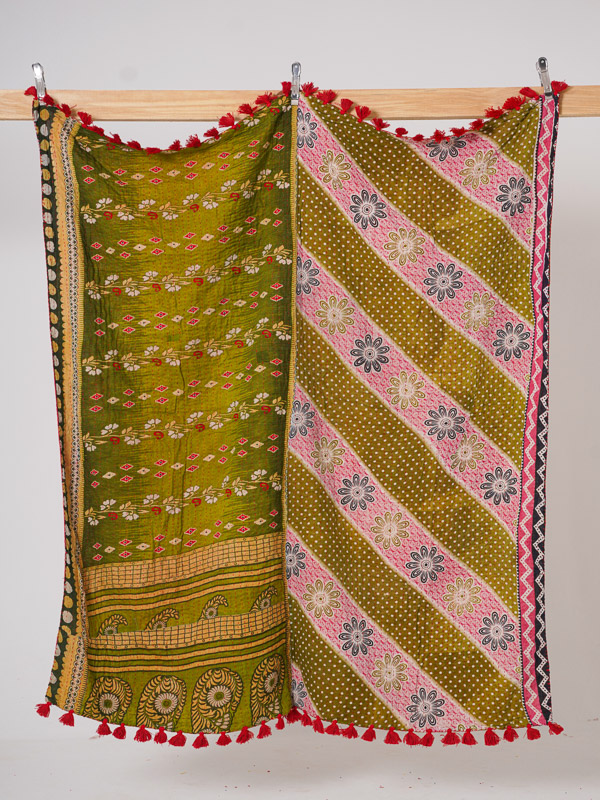 Olive Blossom Meadow Kantha Throw