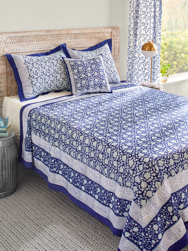Midnight Lotus ~ Blue Asian Style Oriental Floral Bedspread