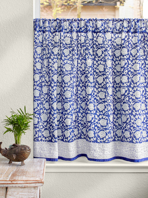 Midnight Lotus ~ Unique Asian Blue Floral Kitchen Curtain