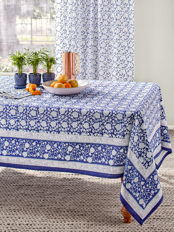Midnight Lotus ~ Asian Oriental White Floral Blue Tablecloth
