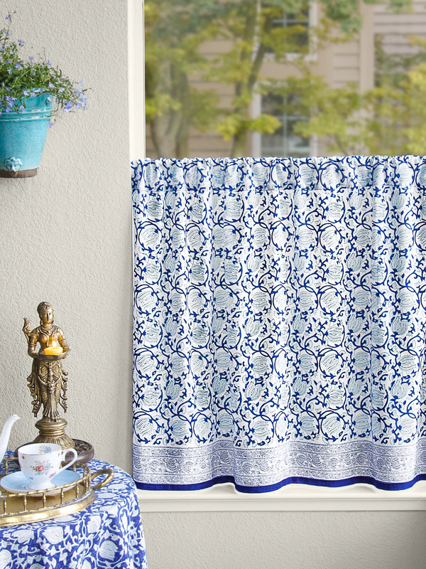 Midnight Lotus (CP) ~  Asian Blue White Floral Kitchen Curtain