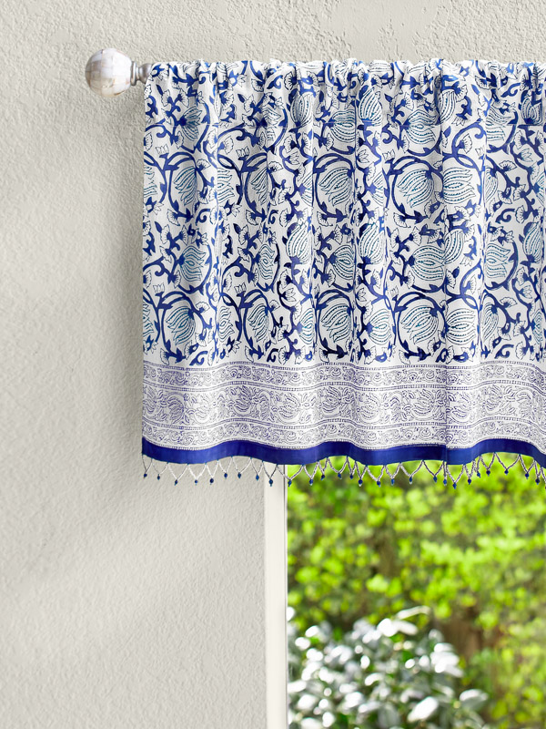 Midnight Lotus(CP)~ Blue Beaded Window Valance Curtain Treatment