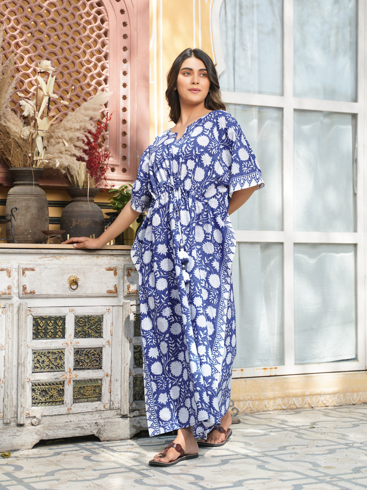 Royal Chrysanthemums ~ Long Kaftan, Floral Resort Lounge Wear