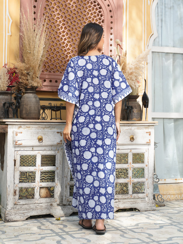 Long Kaftan, Floral Resort Spa Wear, Blue | Saffron Marigold