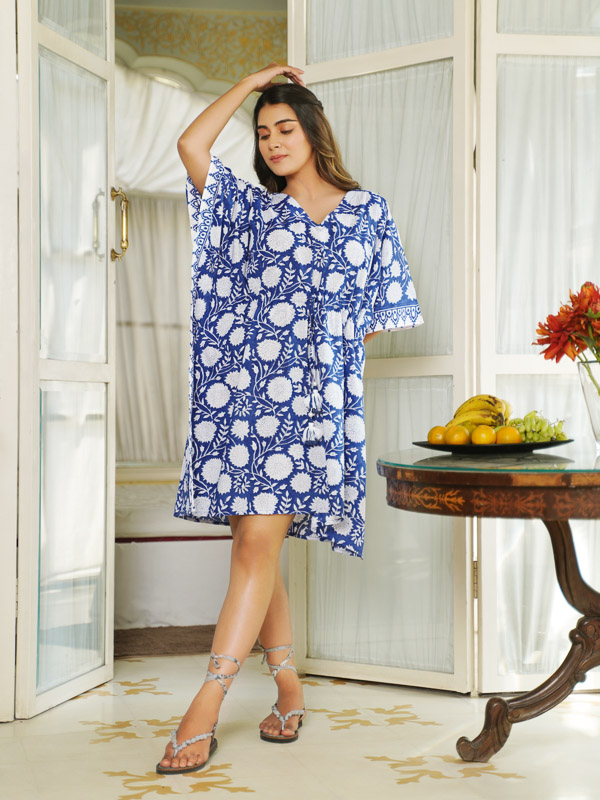 Blue Floral Kaftan, Tunic Top, Cover Up | Saffron Marigold