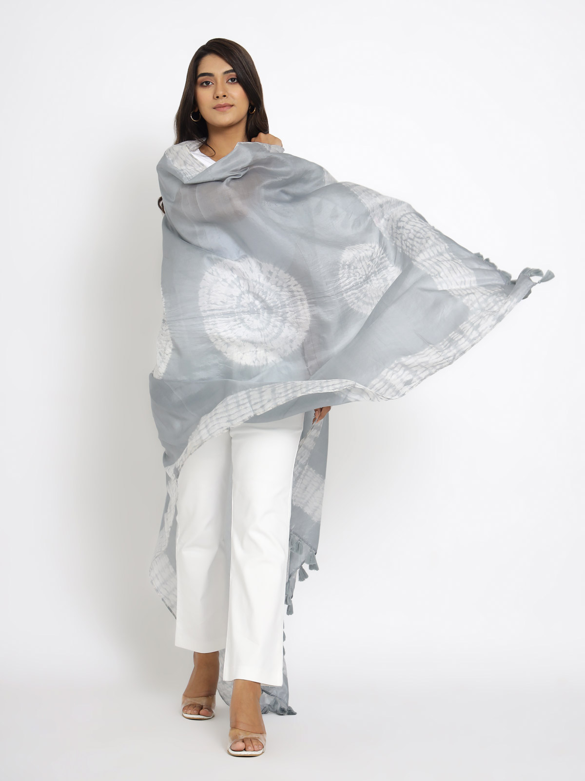 Onyx ~ Silver Grey Designer Shibori Silk Scarf for Women