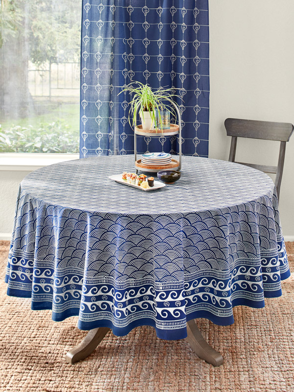 Rustic Round Navy Blue Asian Tablecloth, Navy Blue And White Round Tablecloth