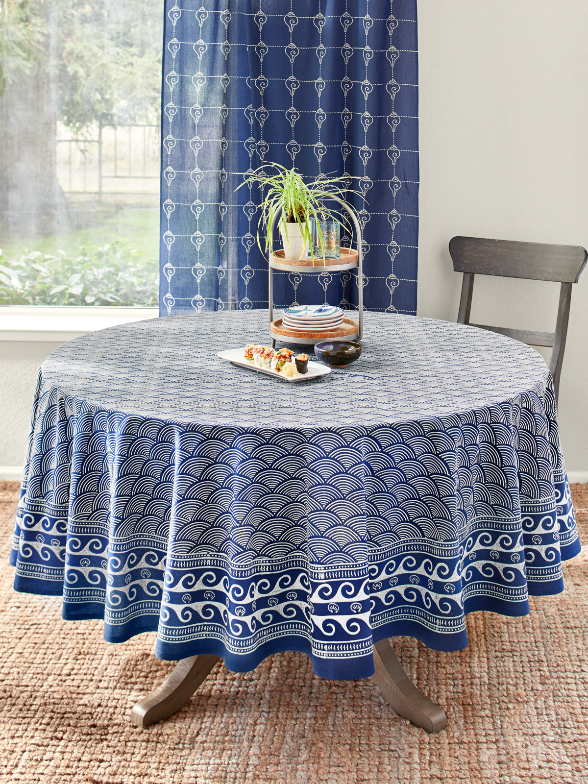 Pacific Blue ~ Rustic Navy Ocean Oriental Asian Round Tablecloth
