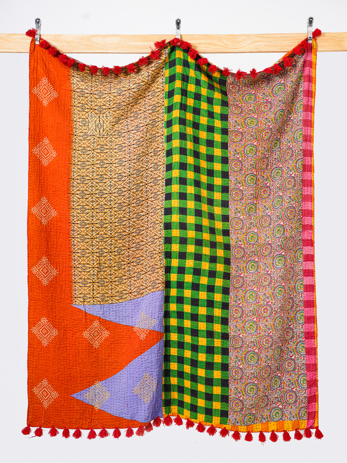 Heirloom Bazaar Orange & Emerald Throw Kantha Quilt