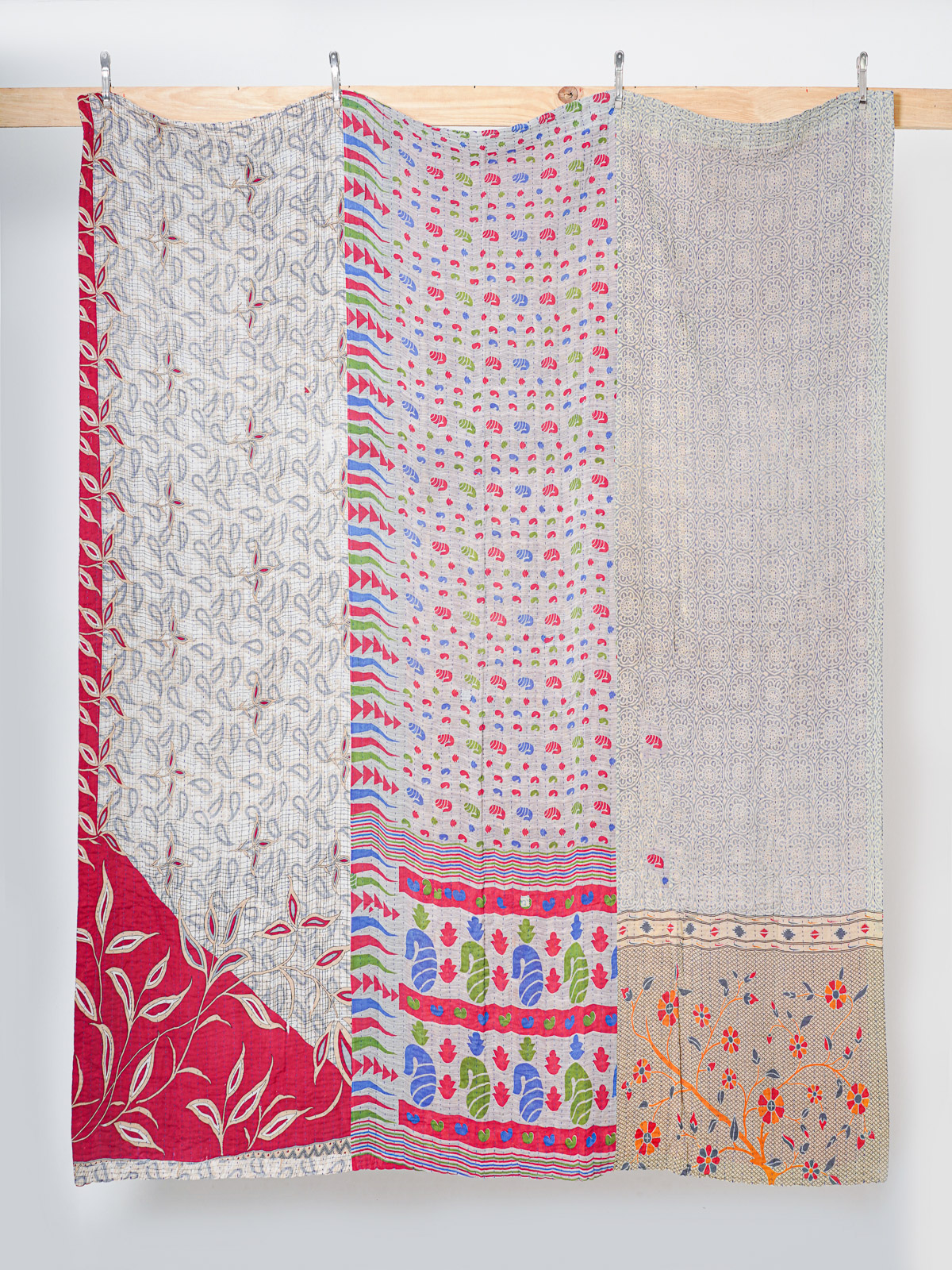 Scarlet Peacock Courtyard Queen Kantha Quilt