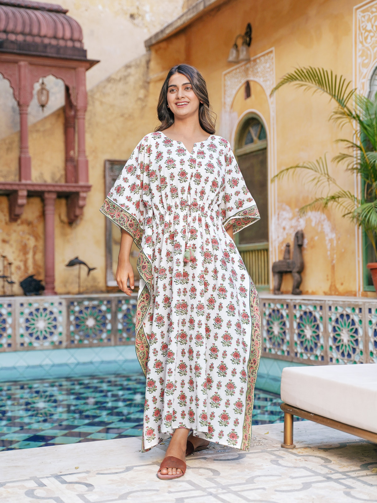 Red Roses ~ Long Kaftan, Floral Resort Lounge Wear