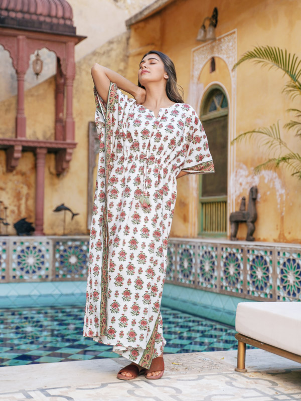 Gaia Bohemian Kaftan Dress Blue Red & Green Sari | All About Audrey – All  About Audrey Vintage Boutique