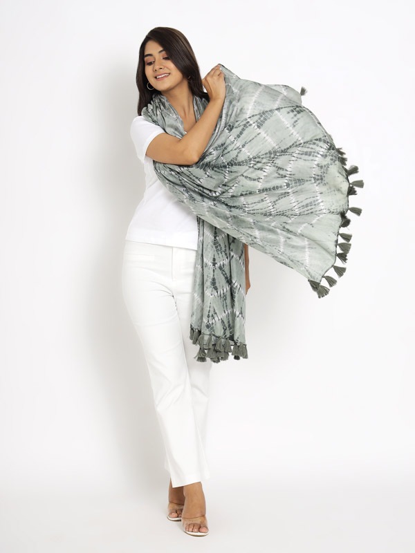 Rio Grande ~ Green Grey Designer Shibori Silk Scarf for Women