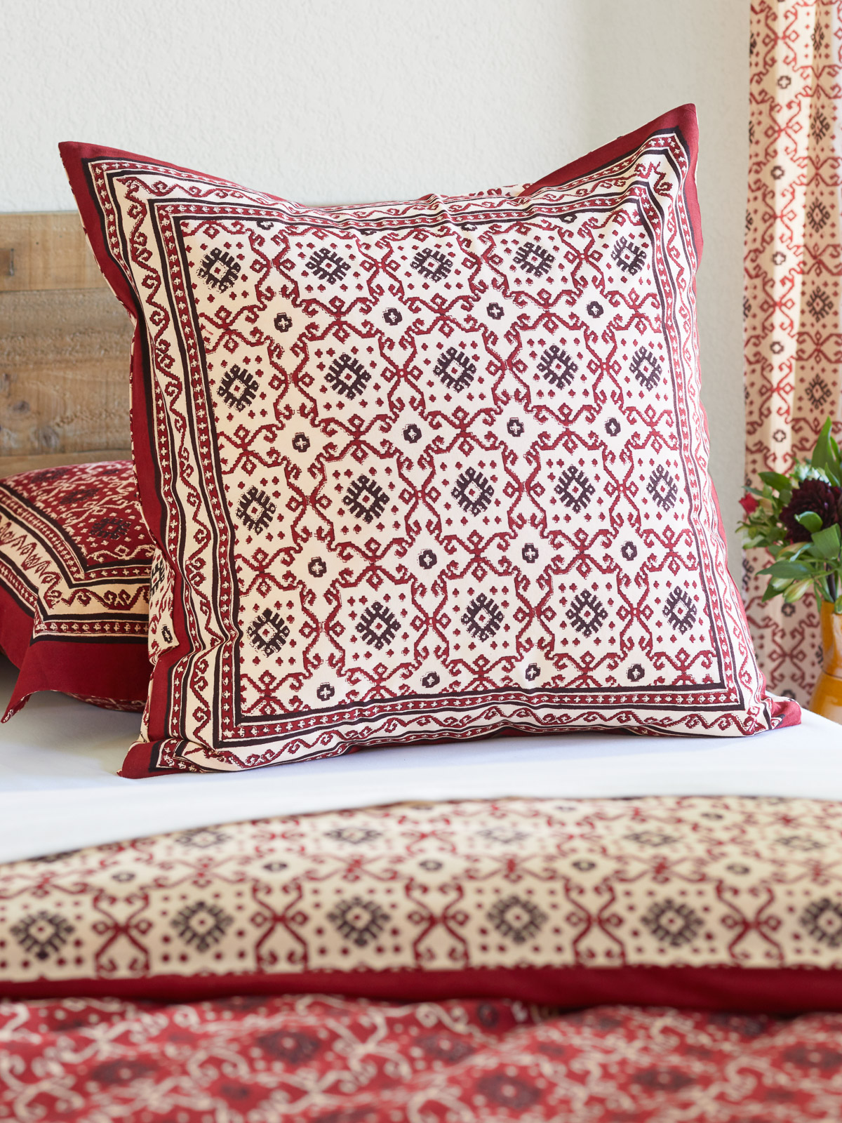 Ruby Kilim (CP) ~ Rustic Red Black European Pillow Sham Cover
