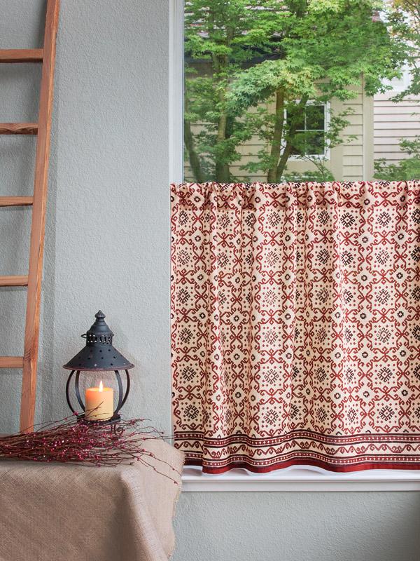 Kilim kitchen curtains, Red and black, Geometric Saffron Marigold