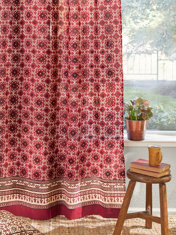 Ruby Kilim ~ Rustic Red Black Lodge Cabin Sheer Curtain Panel