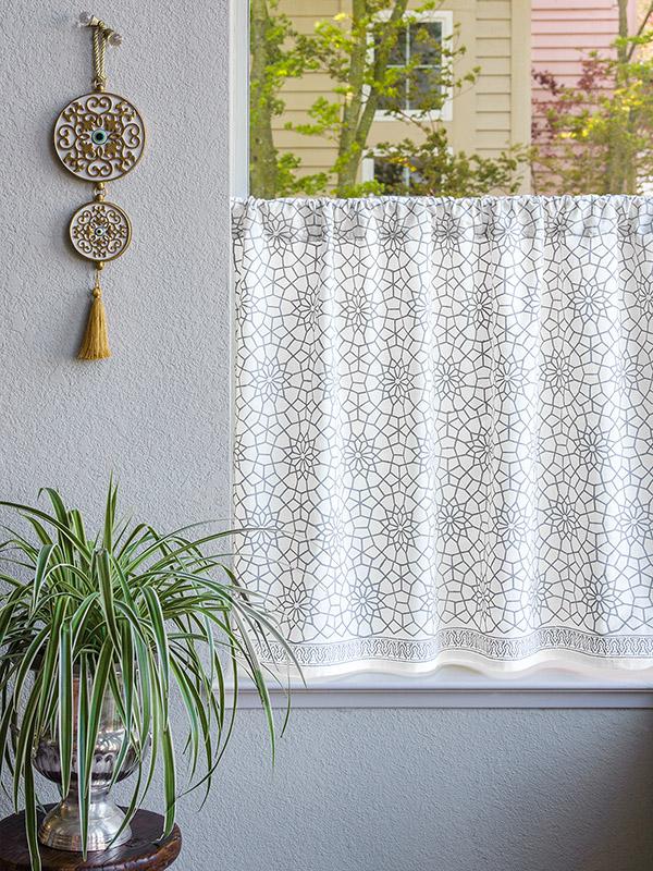 grey and white cafe curtain for kitchen or bath in a Moroccan pattern