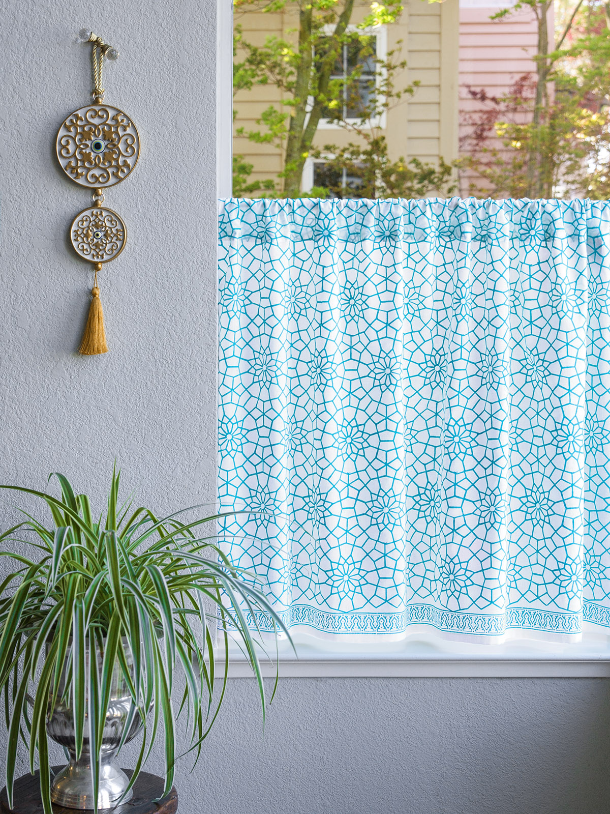 Royal Mansour Turquoise ~ Moroccan Blue Trellis Kitchen Curtain