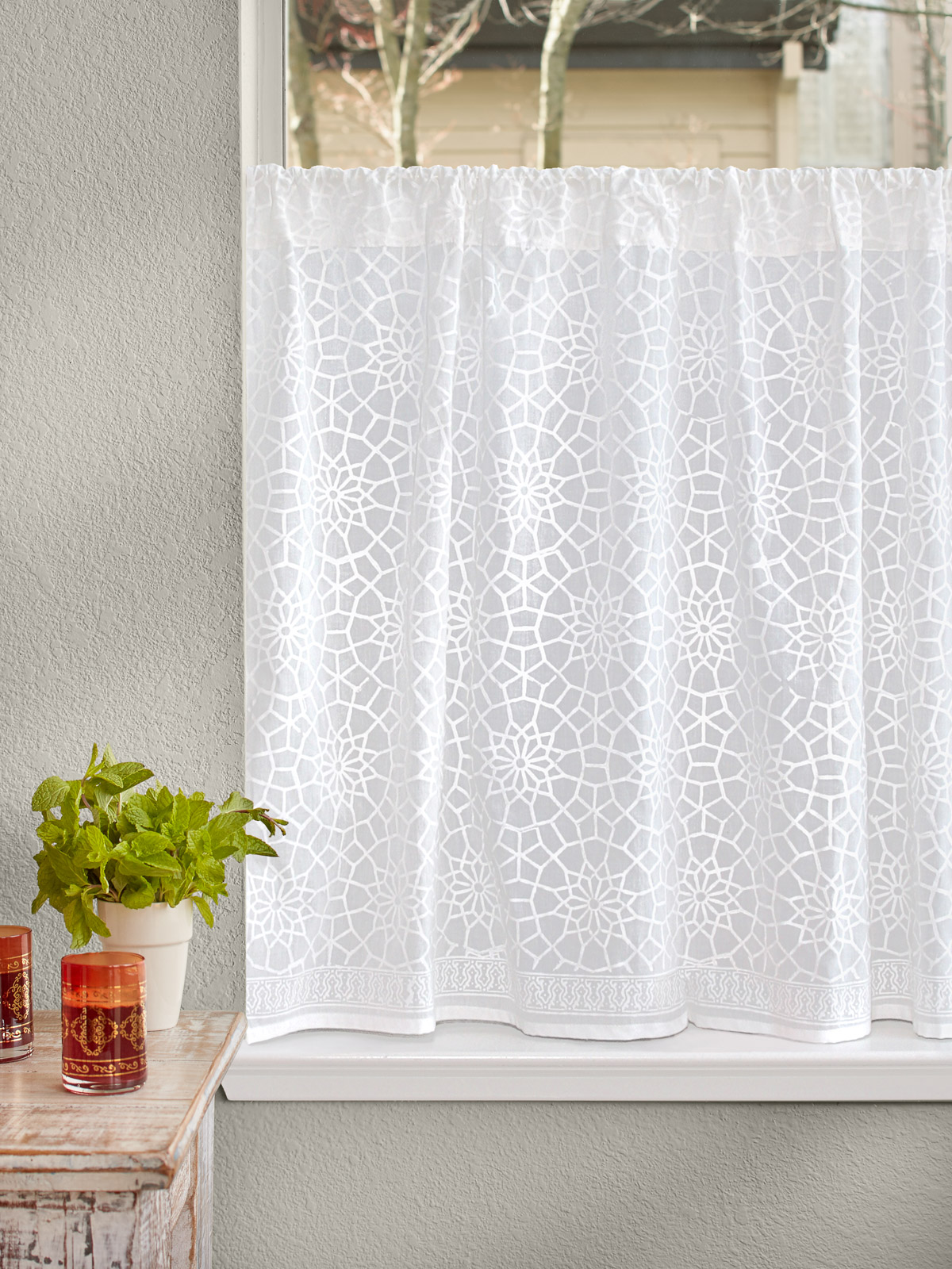 Royal Mansour ~ Moroccan White Lattice Trellis Kitchen Curtain