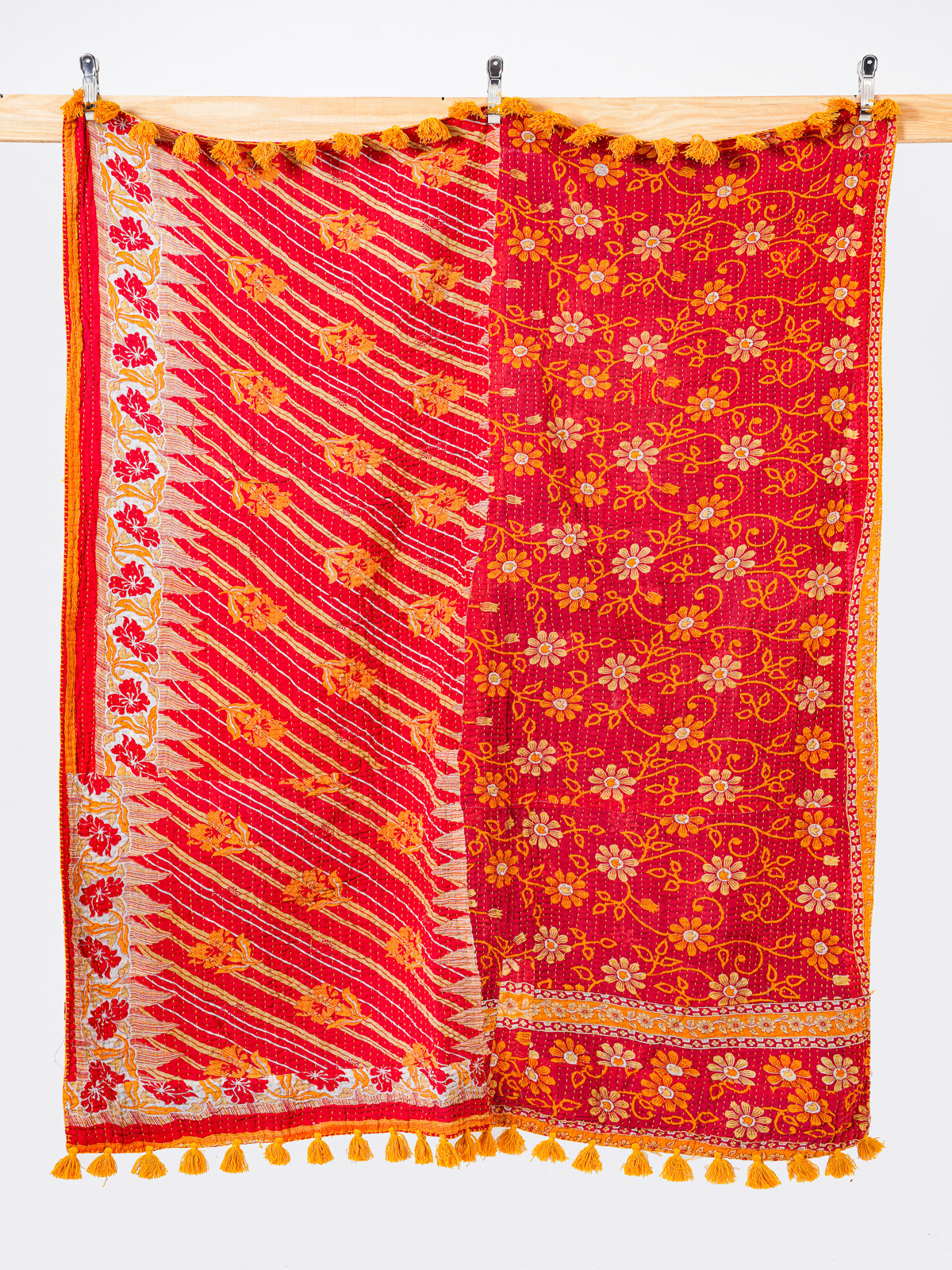 Scarlet Palace Floral Throw Kantha Quilt