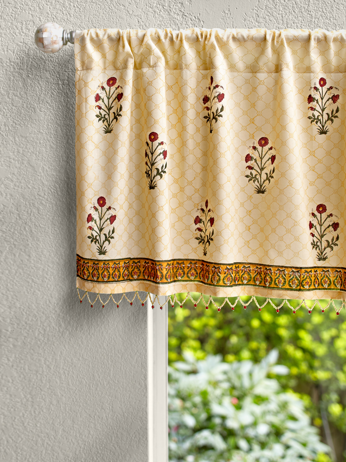 Red Poppy ~ Red Floral Sheer Beaded Window Valance Treatments