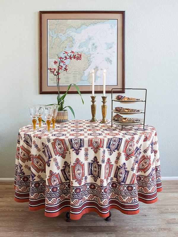 Kilim tablecloth, Tribal tablecloth, Orange blue tablecloth, Round