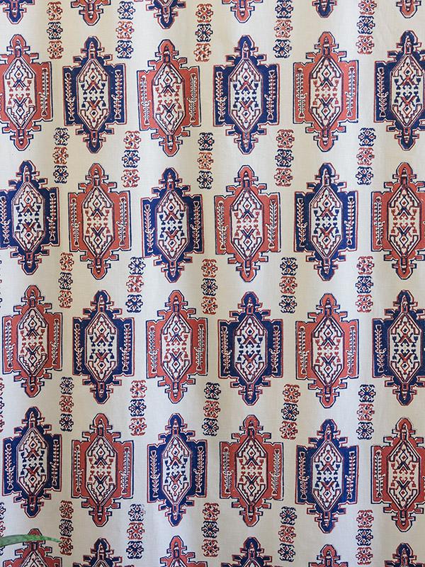 Samarkand ~ Blue and Orange Fabric Swatch with Kilim Motifs