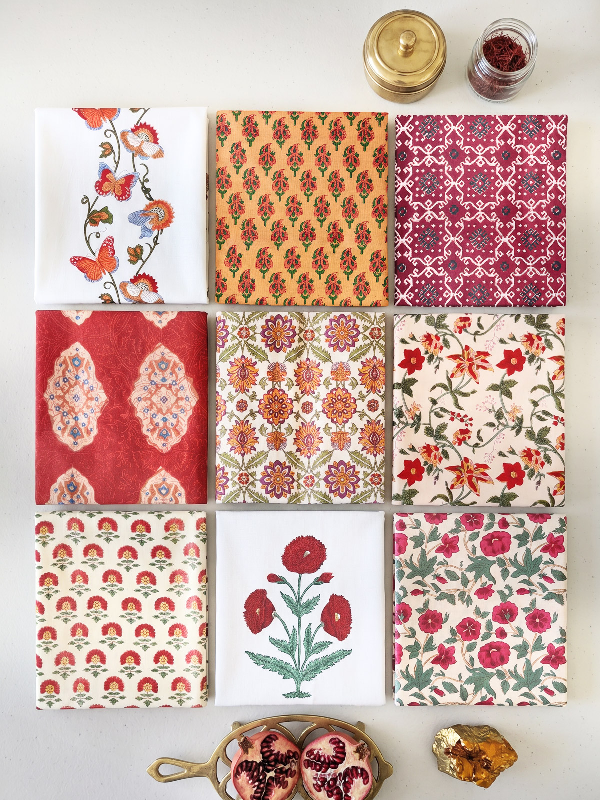 Saffron & Pomegranate ~ Hand Block Printed Fat Quarter Bundle