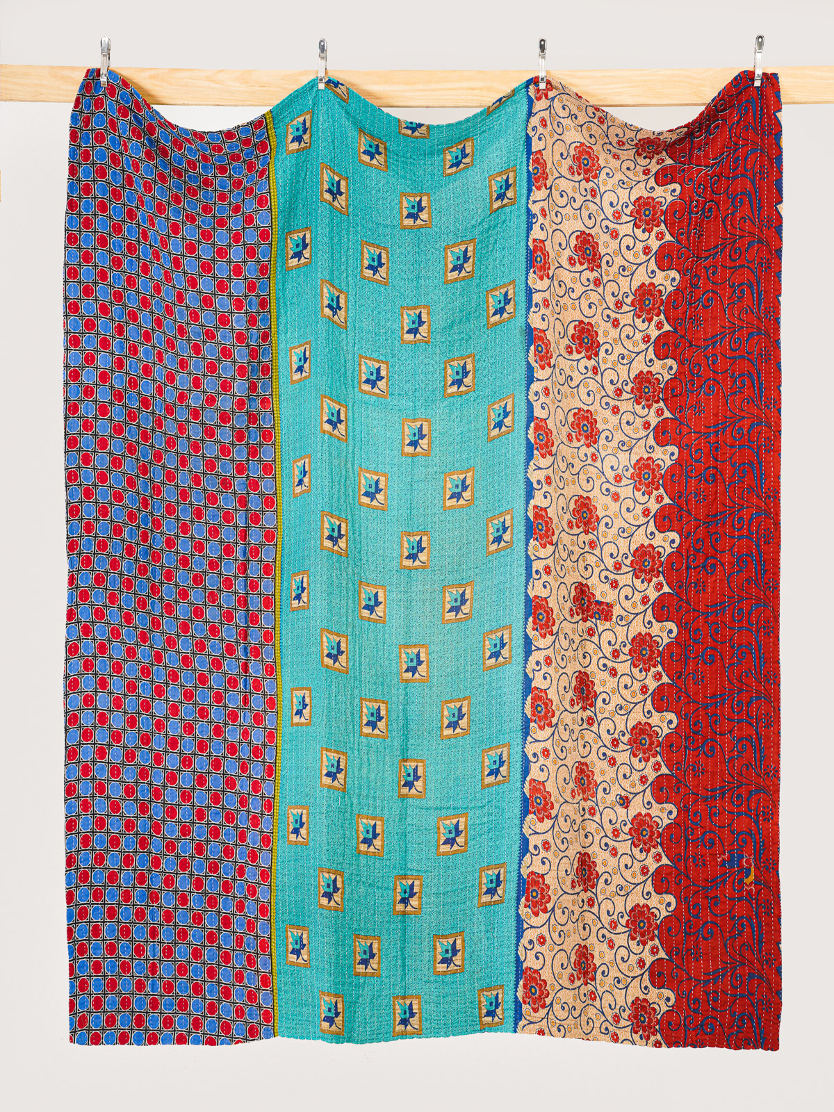 Ruby Peacock Courtyard Queen Kantha Quilt