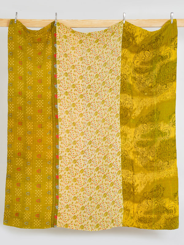 Gold Olive Ivory Grove Queen Kantha Quilt