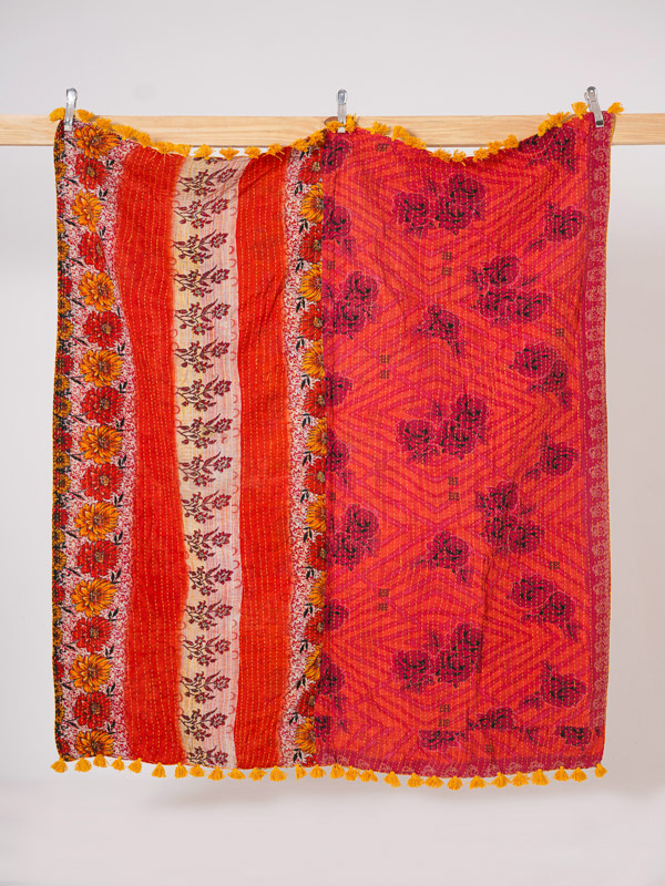 Coral Bazaar Bloom Kantha Throw Quilt