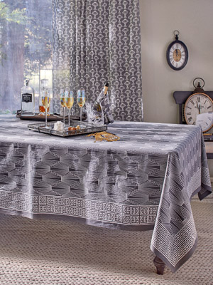 1920 ~ Charcoal Grey and White Art Deco Geometric Tablecloth