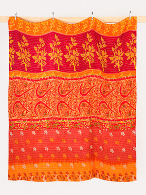 Crimson Lotus Courtyard Queen Kantha Quilt