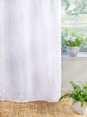 Leafy Veil - Snow ~ White Applique Embroidered Textured Curtains