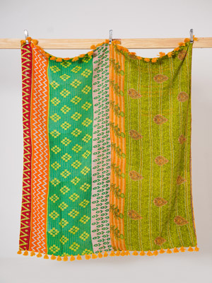 Emerald Bazaar Garden Kantha Throw Quilt