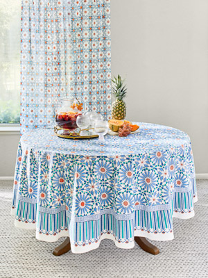 Mosaique Bleue - Sky ~ Modern Boho Print White, Blue Tablecloth
