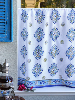 Casablanca Blues - White ~ Moroccan Quatrefoil Kitchen Curtain