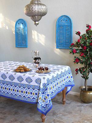 Casablanca Blues - White ~ Moroccan style Quatrefoil Tablecloth