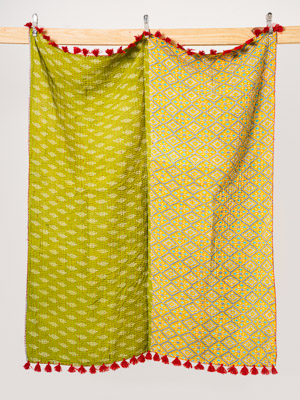 Lime Blossom Vintage Sari Kantha Throw