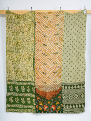 Sage Forest Ivory Monsoon Garden Queen Kantha Quilt