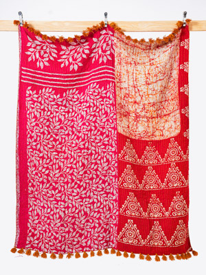 Crimson Leaf Garden Throw Kantha Quilt
