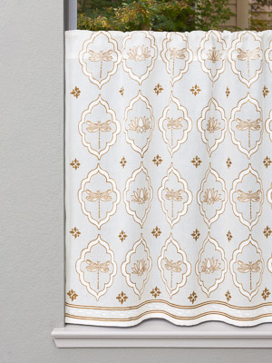 Dragonfly and Lotus ~ White and Gold Kitchen Tier Curtain