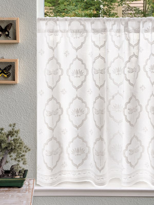 Dragonfly and Lotus ~ White on White Kitchen Tier Curtain
