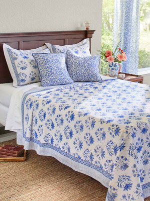 English Gardens ~ White and Blue Floral Bedspread