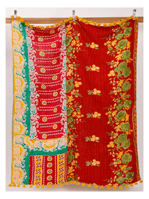 Crimson Palace Kantha Throw Quilt